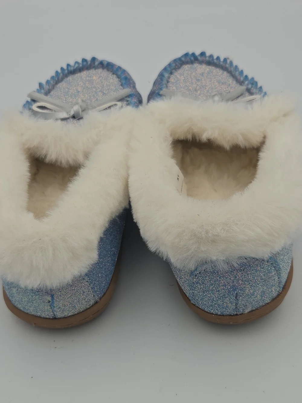 J. Crew Iridescent Blue Glitter Fur-Lined Moccasin Slippers Girl's Size 1